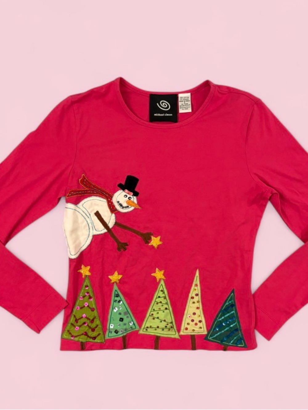 Vintage Y2K Michael Simon 2004 Christmas Snowman Sequin Tree Shirt Women’s Small
